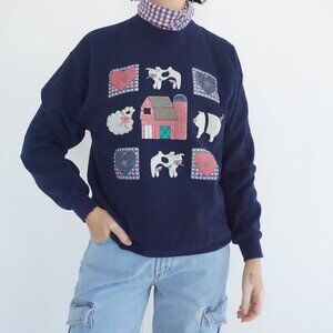 Vintage Gopher Sport Navy Farm Cow Pig Sheep Barn Applique Graphic Sweatshirt M